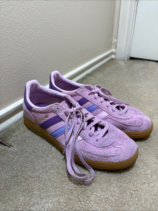 adidas Shoes - adidas Lavender Suede Sneakers with Purple and Light Blue Stripes